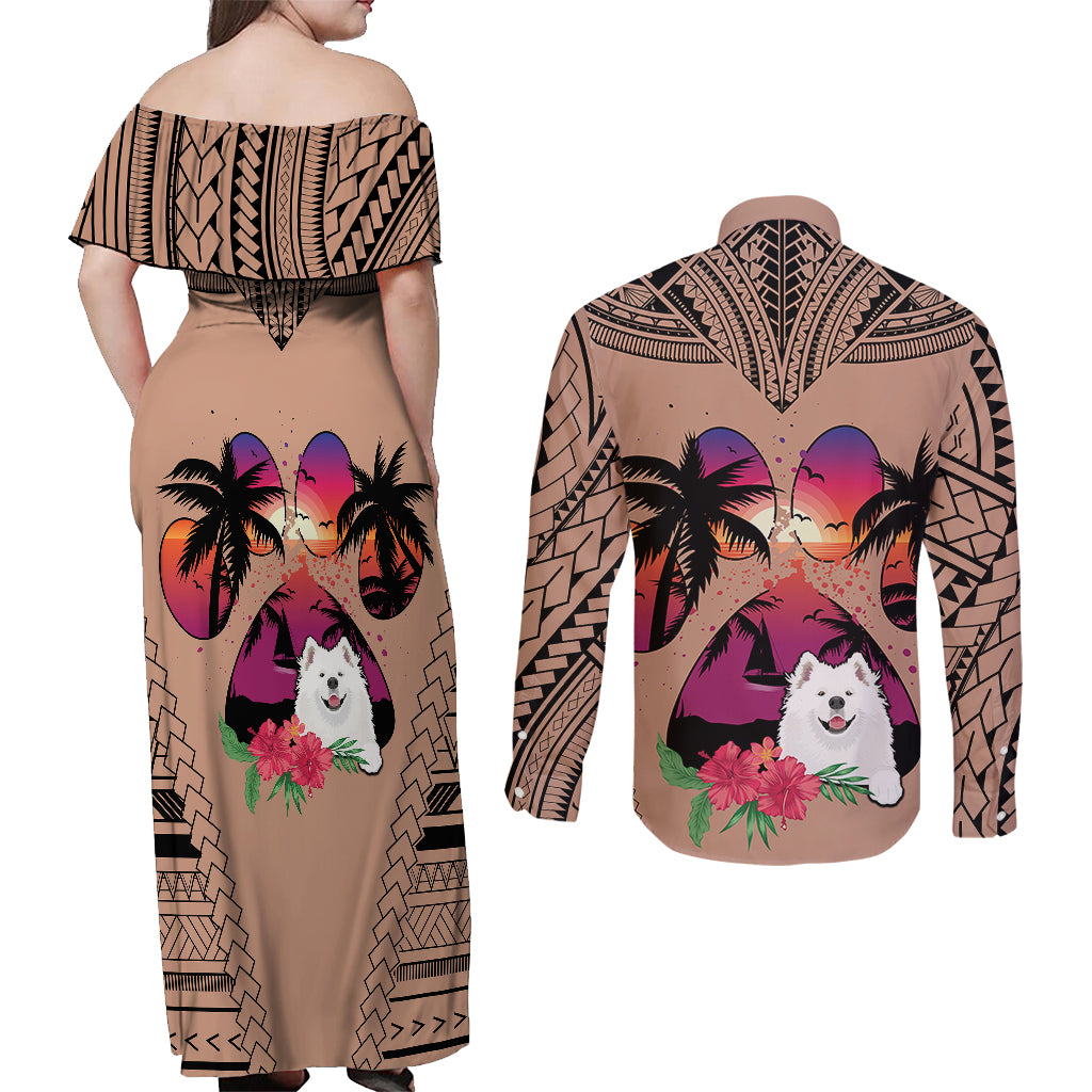 Polynesian Couples Matching Off Shoulder Maxi Dress and Long Sleeve Button Shirts Dog Lover With Samoyed - Sunset At The Beach Brown Ver LT7 - Polynesian Pride
