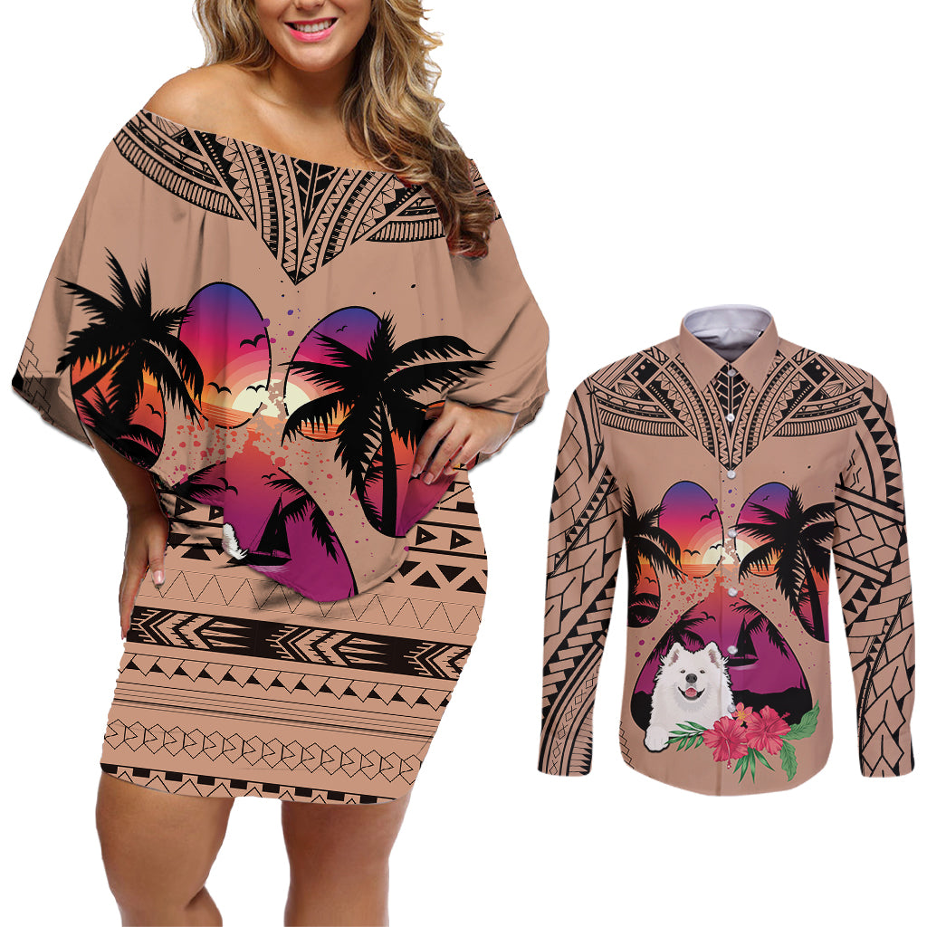 Polynesian Couples Matching Off Shoulder Short Dress and Long Sleeve Button Shirts Dog Lover With Samoyed - Sunset At The Beach Brown Ver LT7 Brown - Polynesian Pride