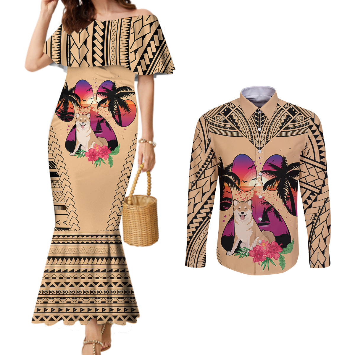 Polynesian Couples Matching Mermaid Dress and Long Sleeve Button Shirts Dog Lover With Shiba Inu - Sunset At The Beach LT7 Coral - Polynesian Pride
