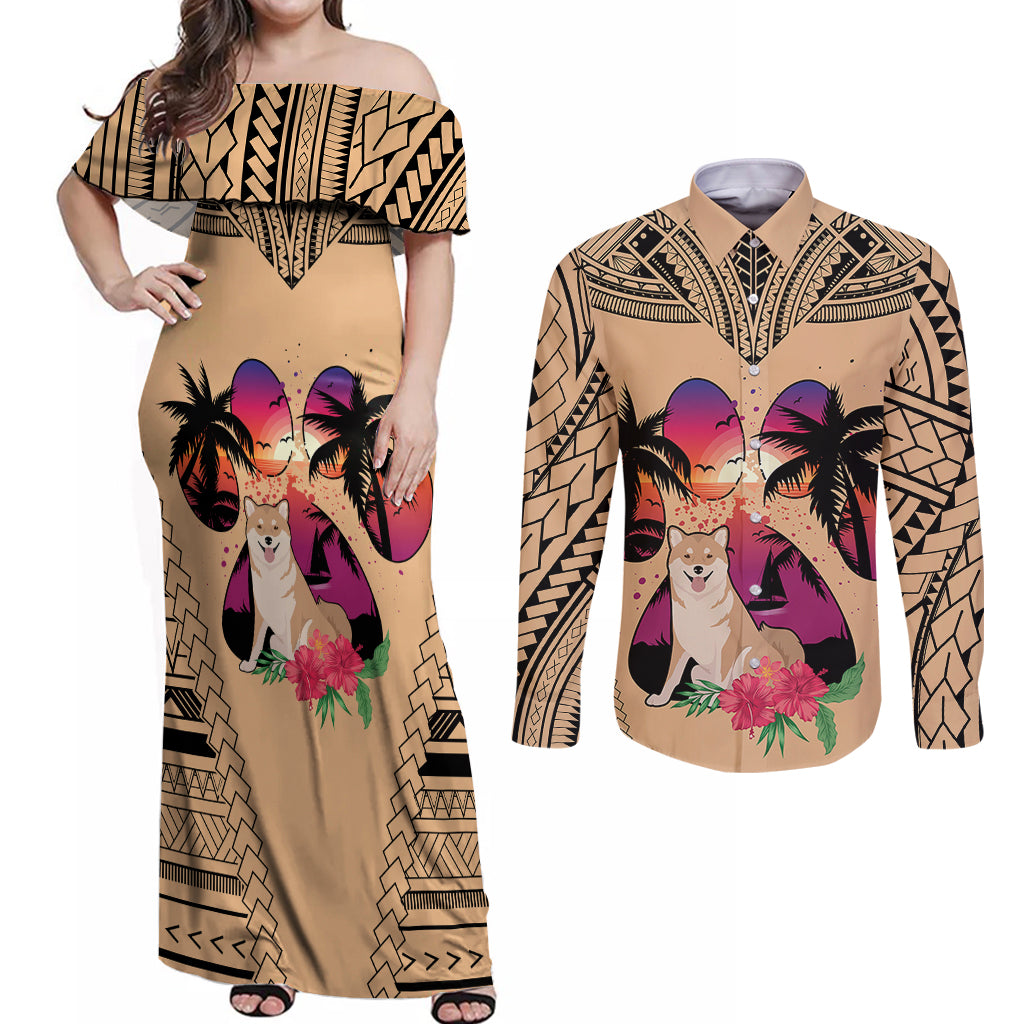 Polynesian Couples Matching Off Shoulder Maxi Dress and Long Sleeve Button Shirts Dog Lover With Shiba Inu - Sunset At The Beach LT7 Coral - Polynesian Pride