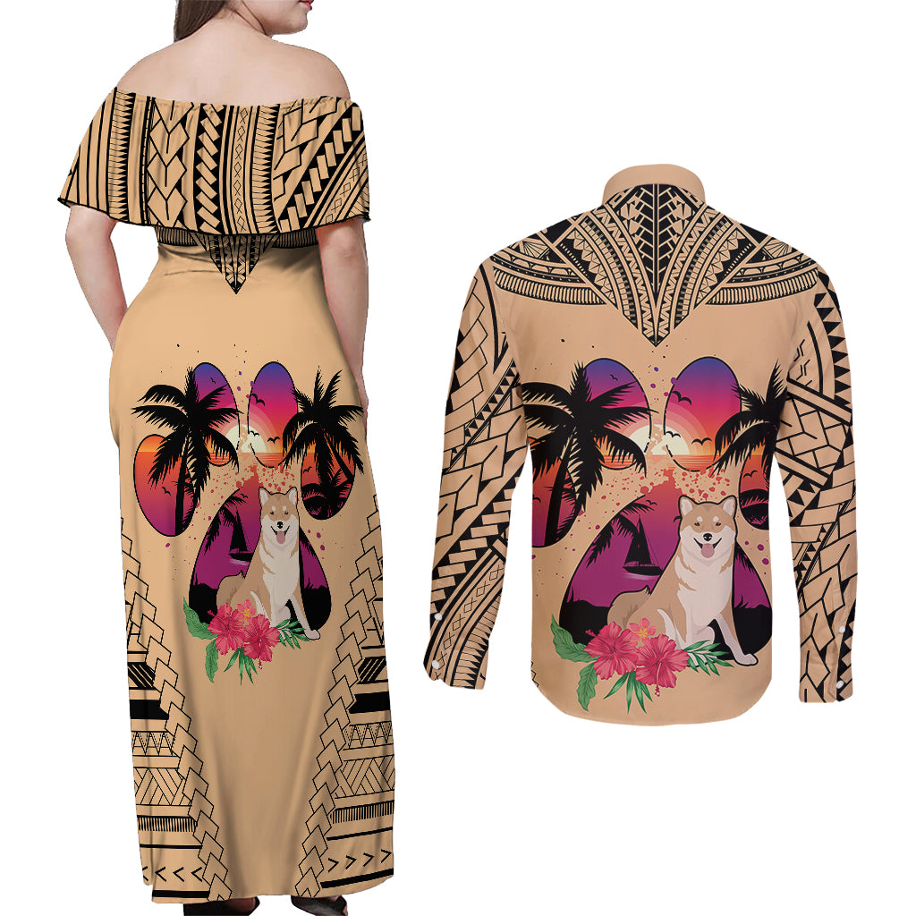Polynesian Couples Matching Off Shoulder Maxi Dress and Long Sleeve Button Shirts Dog Lover With Shiba Inu - Sunset At The Beach LT7 - Polynesian Pride