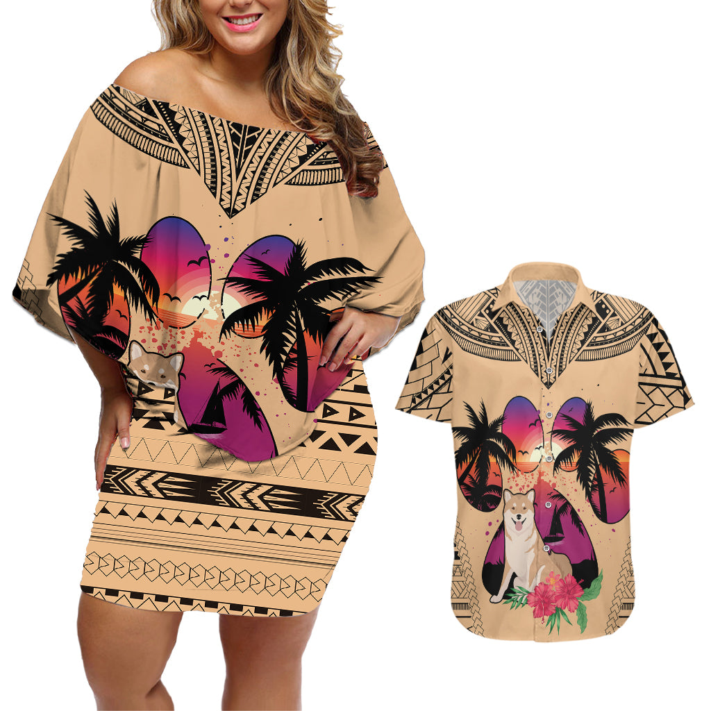 Polynesian Couples Matching Off Shoulder Short Dress and Hawaiian Shirt Dog Lover With Shiba Inu - Sunset At The Beach LT7 Coral - Polynesian Pride