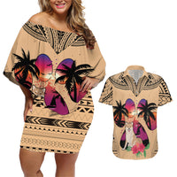 Polynesian Couples Matching Off Shoulder Short Dress and Hawaiian Shirt Dog Lover With Shiba Inu - Sunset At The Beach LT7 Coral - Polynesian Pride