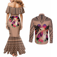 Polynesian Couples Matching Mermaid Dress and Long Sleeve Button Shirts Dog Lover With Shiba Inu - Sunset At The Beach Brown Ver LT7 - Polynesian Pride