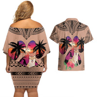 Polynesian Couples Matching Off Shoulder Short Dress and Hawaiian Shirt Dog Lover With Shiba Inu - Sunset At The Beach Brown Ver LT7 - Polynesian Pride