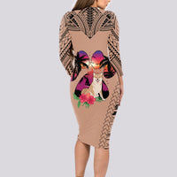 Polynesian Long Sleeve Bodycon Dress Dog Lover With Shiba Inu - Sunset At The Beach Brown Ver LT7 - Polynesian Pride