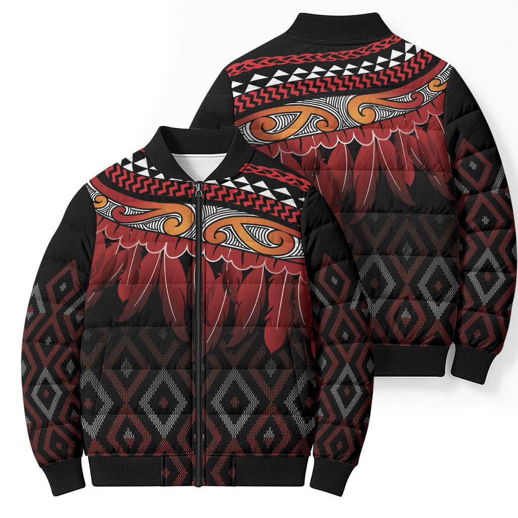 Aotearoa Maori Ngapuhi Iwi Bomber Puffer Jacket Korowai Tukutuku Kaokao Motifs