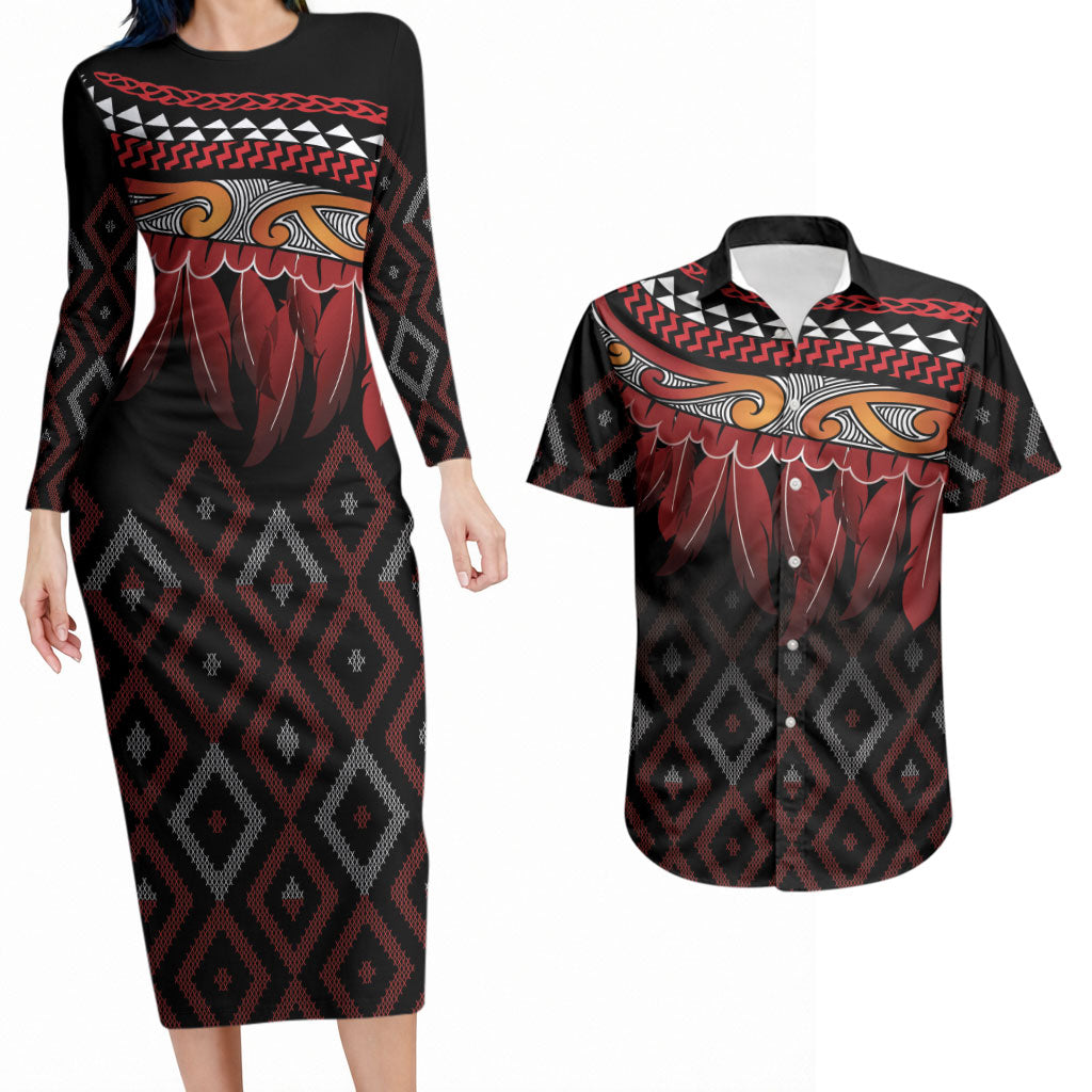 Aotearoa Maori Ngapuhi Iwi Couples Matching Long Sleeve Bodycon Dress and Hawaiian Shirt Korowai Tukutuku Kaokao Motifs LT7 Black - Polynesian Pride