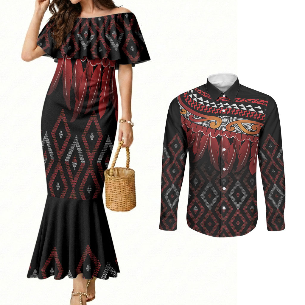 Aotearoa Maori Ngapuhi Iwi Couples Matching Mermaid Dress and Long Sleeve Button Shirt Korowai Tukutuku Kaokao Motifs LT7 Black - Polynesian Pride
