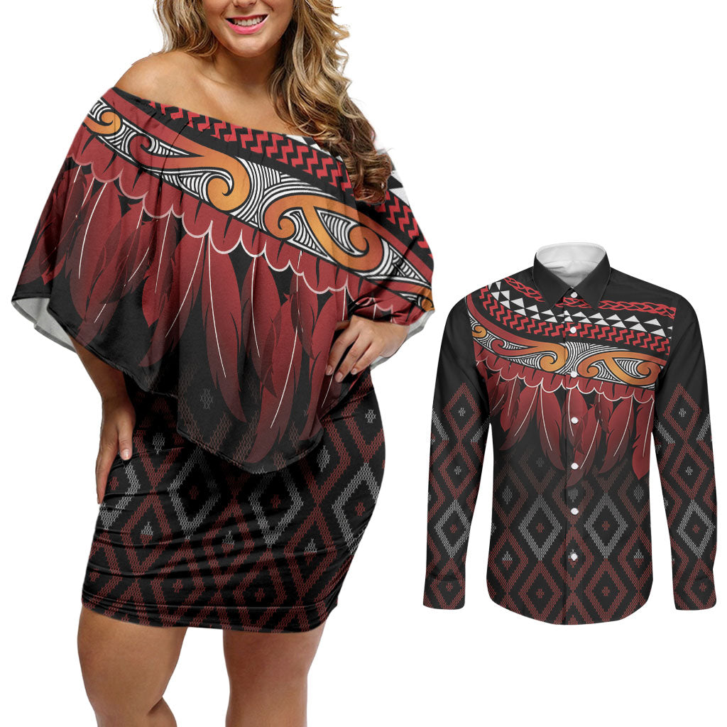 Aotearoa Maori Ngapuhi Iwi Couples Matching Off Shoulder Short Dress and Long Sleeve Button Shirt Korowai Tukutuku Kaokao Motifs LT7 Black - Polynesian Pride
