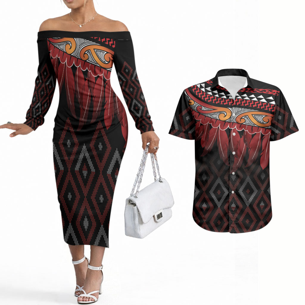 Aotearoa Maori Ngapuhi Iwi Couples Matching Off The Shoulder Long Sleeve Dress and Hawaiian Shirt Korowai Tukutuku Kaokao Motifs LT7 Black - Polynesian Pride