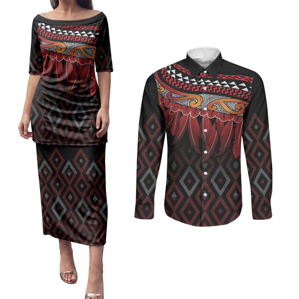 Aotearoa Maori Ngapuhi Iwi Couples Matching Puletasi and Long Sleeve Button Shirt Korowai Tukutuku Kaokao Motifs LT7 Black - Polynesian Pride