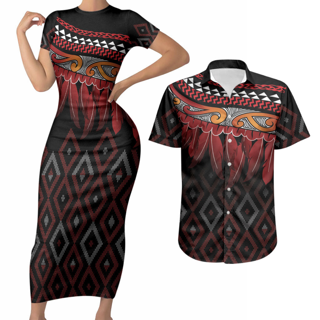 Aotearoa Maori Ngapuhi Iwi Couples Matching Short Sleeve Bodycon Dress and Hawaiian Shirt Korowai Tukutuku Kaokao Motifs LT7 Black - Polynesian Pride