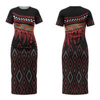 Aotearoa Maori Ngapuhi Iwi Couples Matching Short Sleeve Bodycon Dress and Long Sleeve Button Shirt Korowai Tukutuku Kaokao Motifs