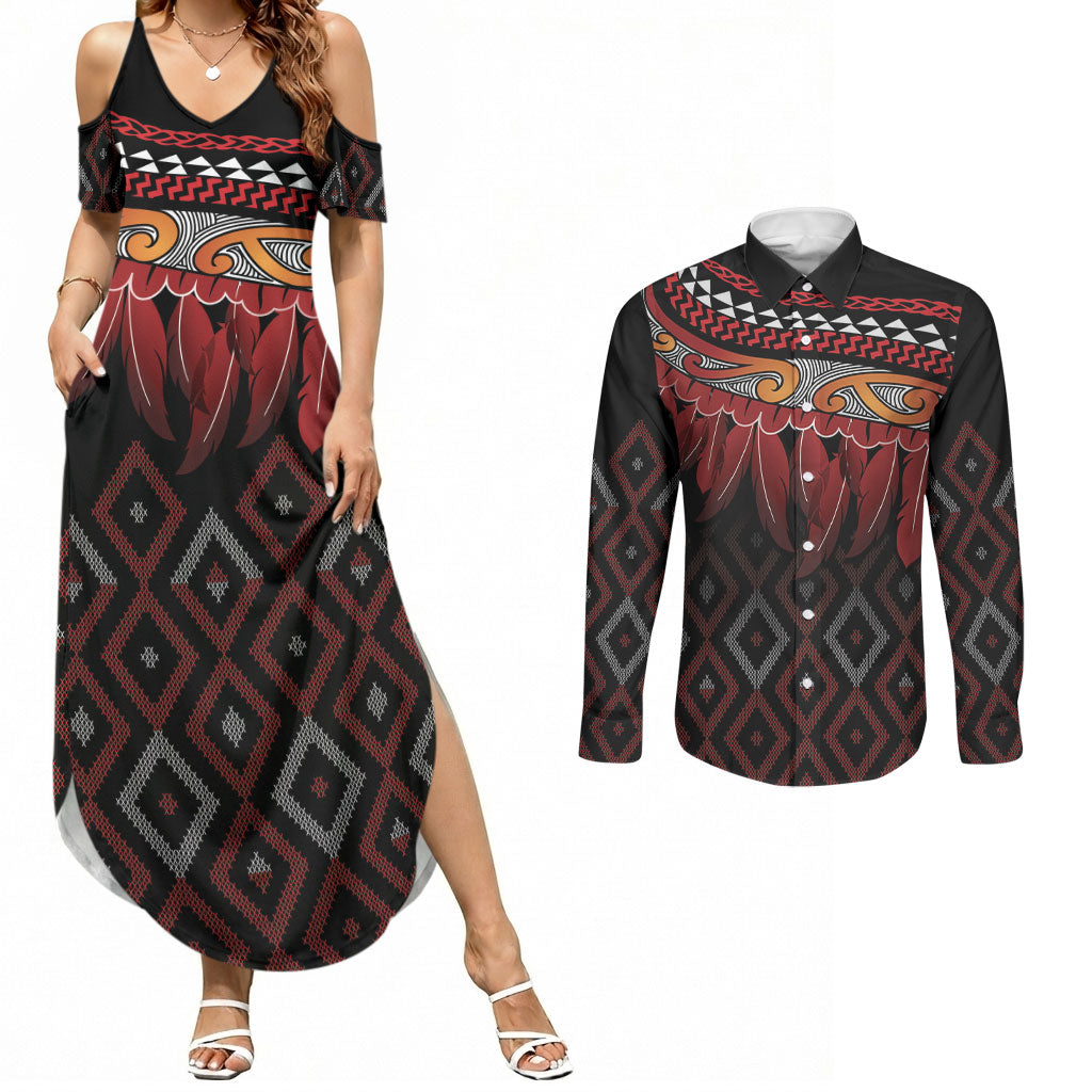 Aotearoa Maori Ngapuhi Iwi Couples Matching Summer Maxi Dress and Long Sleeve Button Shirt Korowai Tukutuku Kaokao Motifs LT7 Black - Polynesian Pride