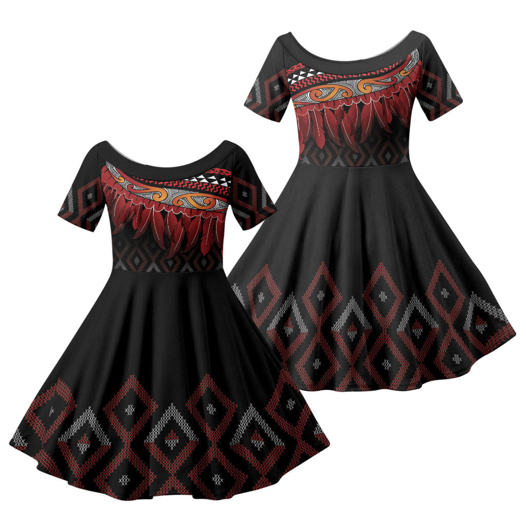 Aotearoa Maori Ngapuhi Iwi Family Matching Long Sleeve Bodycon Dress and Hawaiian Shirt Korowai Tukutuku Kaokao Motifs