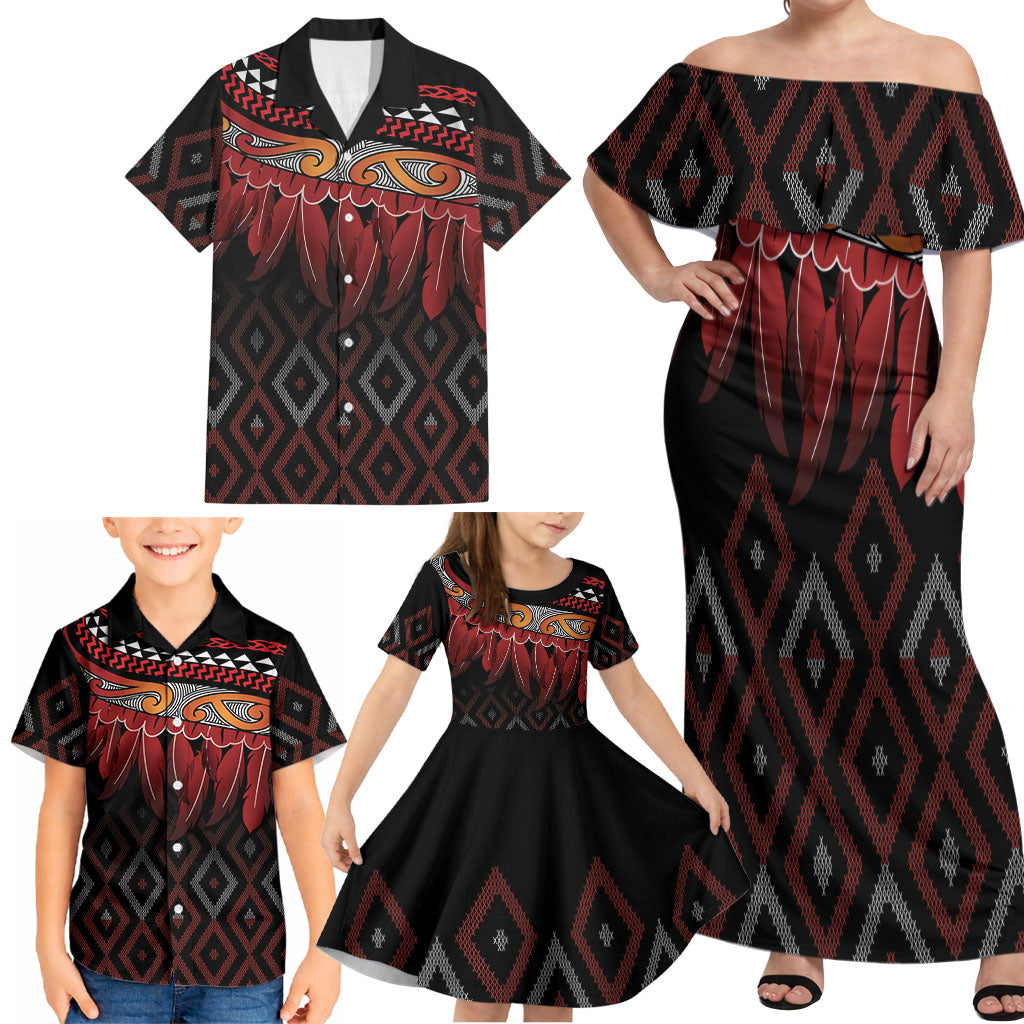 Aotearoa Maori Ngapuhi Iwi Family Matching Off Shoulder Maxi Dress and Hawaiian Shirt Korowai Tukutuku Kaokao Motifs LT7 - Polynesian Pride