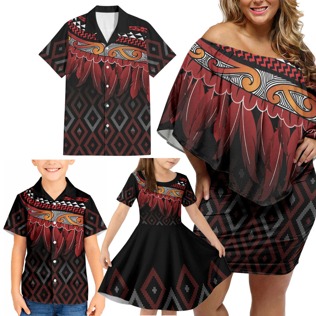 Aotearoa Maori Ngapuhi Iwi Family Matching Off Shoulder Short Dress and Hawaiian Shirt Korowai Tukutuku Kaokao Motifs LT7 - Polynesian Pride