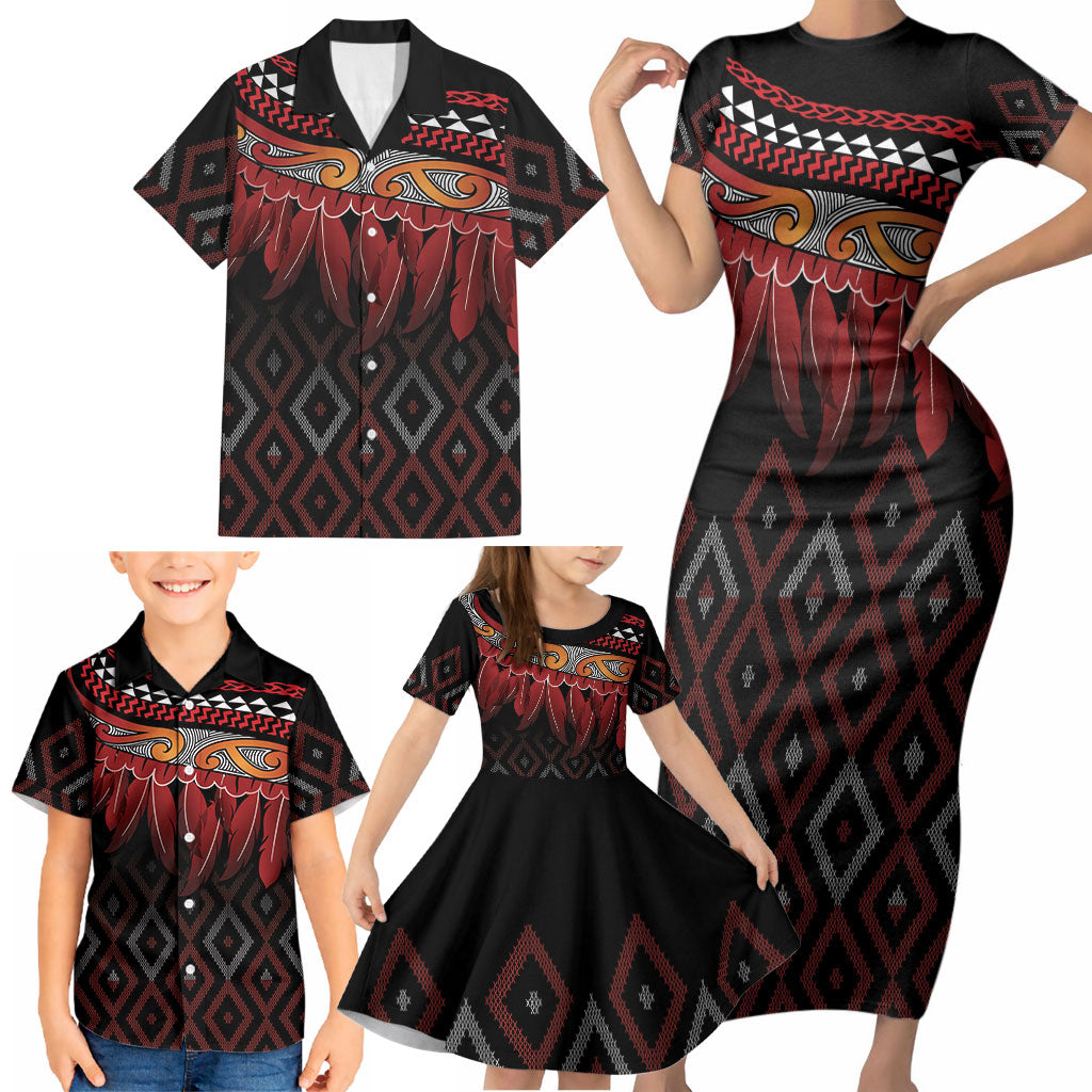 Aotearoa Maori Ngapuhi Iwi Family Matching Short Sleeve Bodycon Dress and Hawaiian Shirt Korowai Tukutuku Kaokao Motifs LT7 - Polynesian Pride