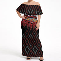 Aotearoa Maori Ngapuhi Iwi Off Shoulder Maxi Dress Korowai Tukutuku Kaokao Motifs