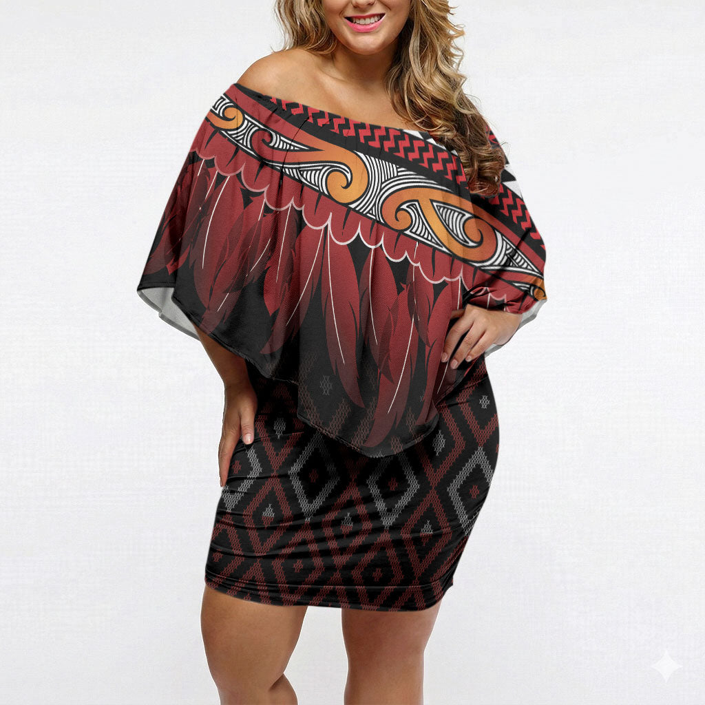 Aotearoa Maori Ngapuhi Iwi Off Shoulder Short Dress Korowai Tukutuku Kaokao Motifs LT7 Women Black - Polynesian Pride