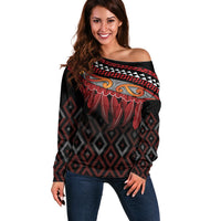 Aotearoa Maori Ngapuhi Iwi Off Shoulder Sweater Korowai Tukutuku Kaokao Motifs