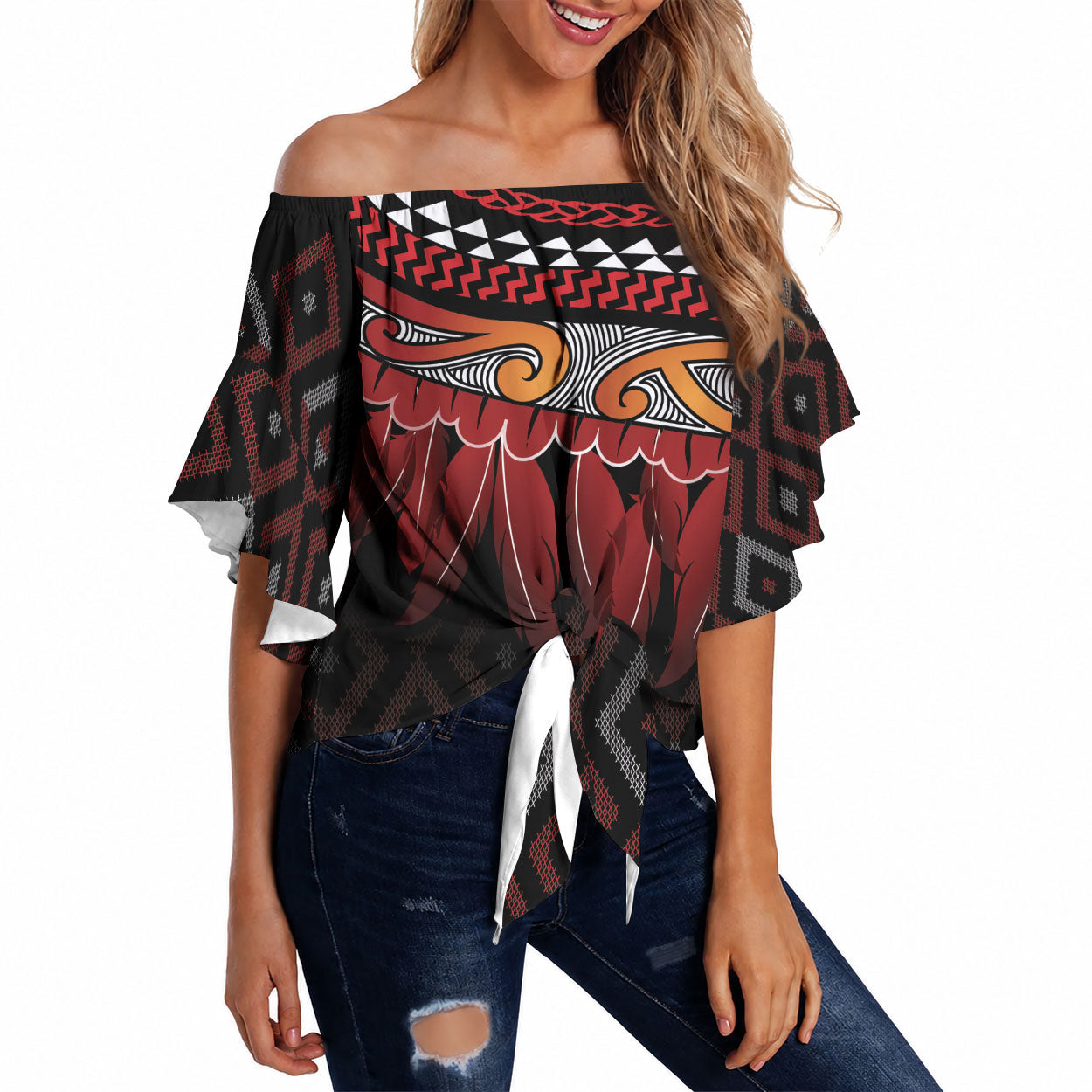 Aotearoa Maori Ngapuhi Iwi Off Shoulder Wrap Waist Top Korowai Tukutuku Kaokao Motifs LT7 Black - Polynesian Pride