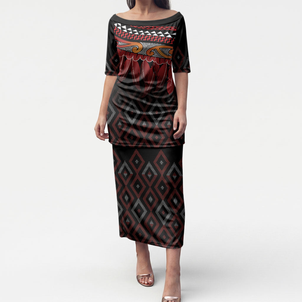 Aotearoa Maori Ngapuhi Iwi Puletasi Korowai Tukutuku Kaokao Motifs LT7 Long Dress Black - Polynesian Pride