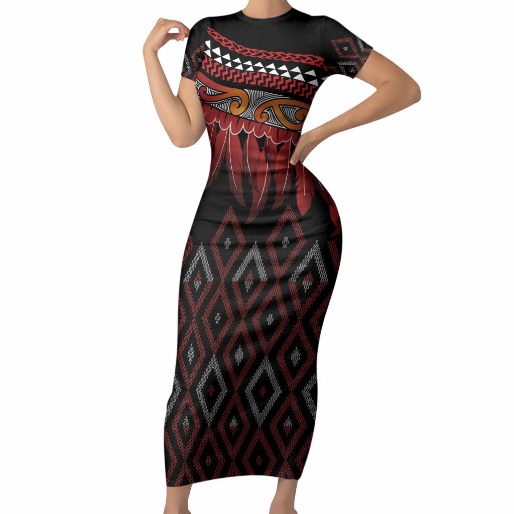 Aotearoa Maori Ngapuhi Iwi Short Sleeve Bodycon Dress Korowai Tukutuku Kaokao Motifs LT7 Long Dress Black - Polynesian Pride
