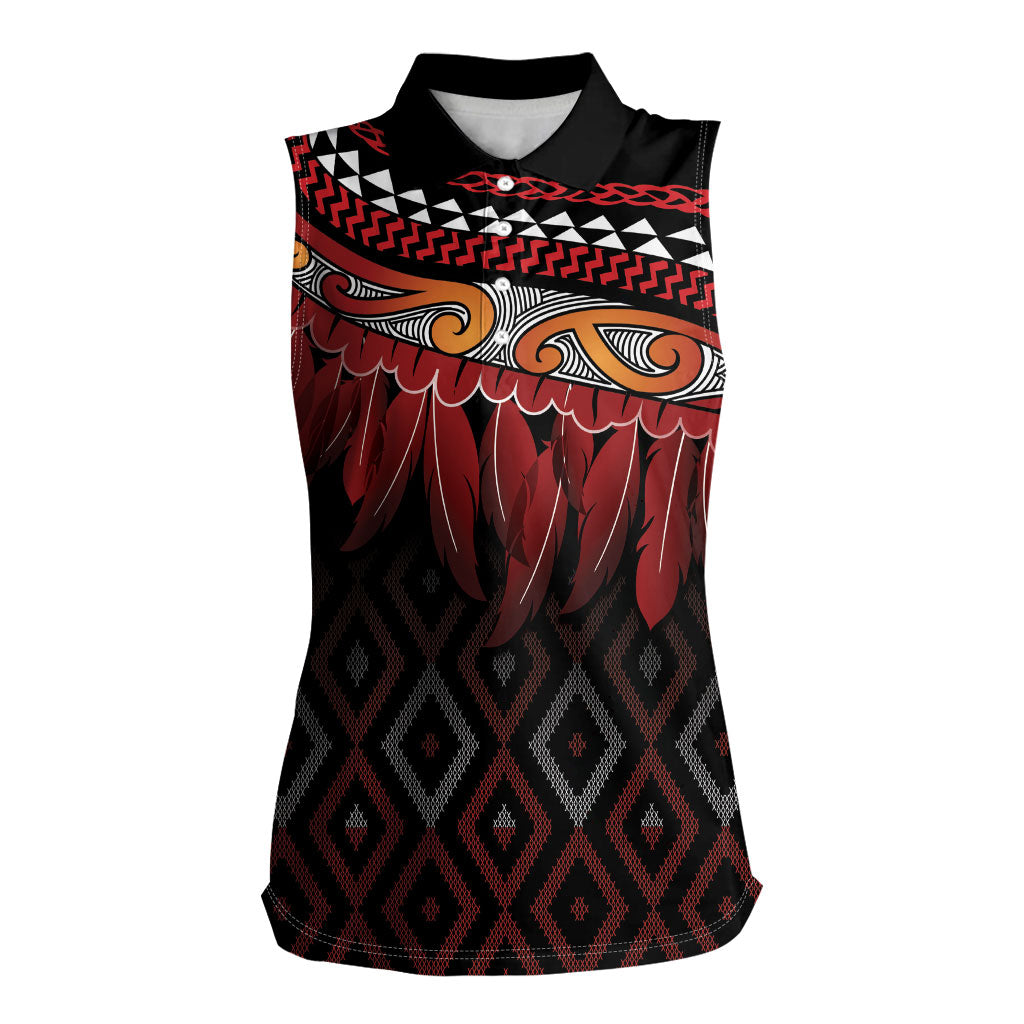 Aotearoa Maori Ngapuhi Iwi Women Sleeveless Polo Shirt Korowai Tukutuku Kaokao Motifs