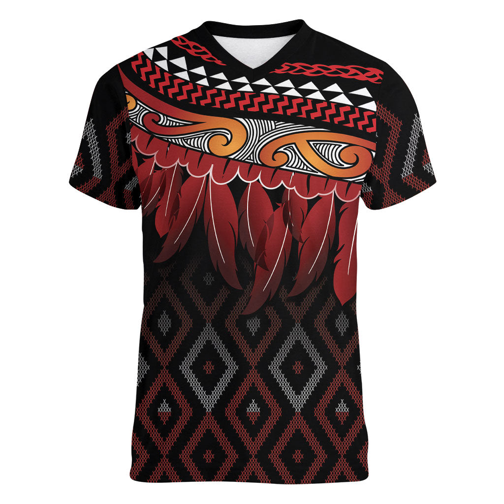 Aotearoa Maori Ngapuhi Iwi Women V-Neck T-Shirt Korowai Tukutuku Kaokao Motifs LT7 Female Black - Polynesian Pride
