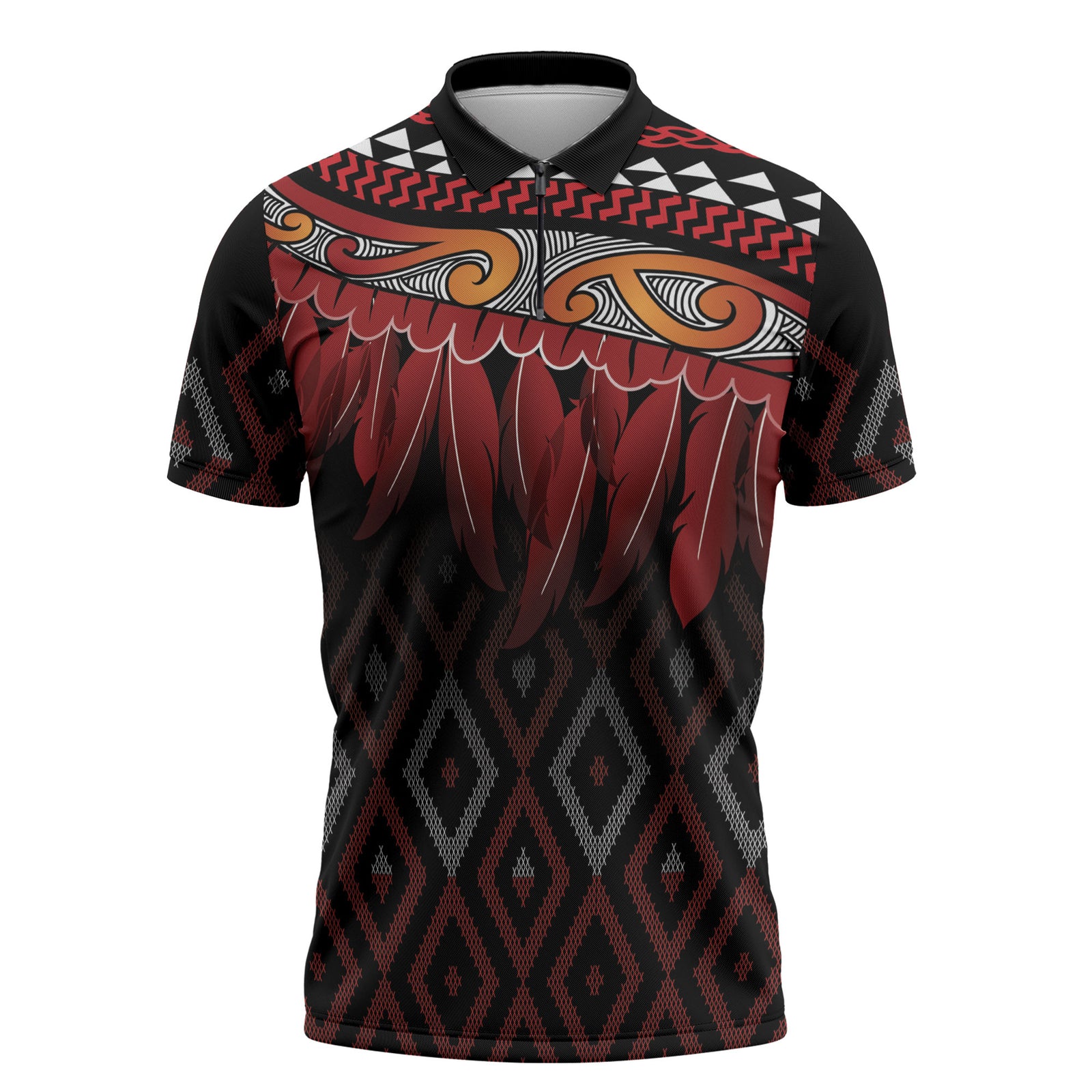 Aotearoa Maori Ngapuhi Iwi Zipper Polo Shirt Korowai Tukutuku Kaokao Motifs LT7 Black - Polynesian Pride