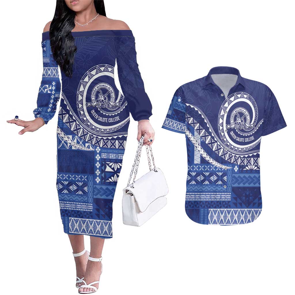 Queen Salote College 100th Anniversary Couples Matching Off The Shoulder Long Sleeve Dress and Hawaiian Shirt QSC Royal Girls - Polynesian Pride