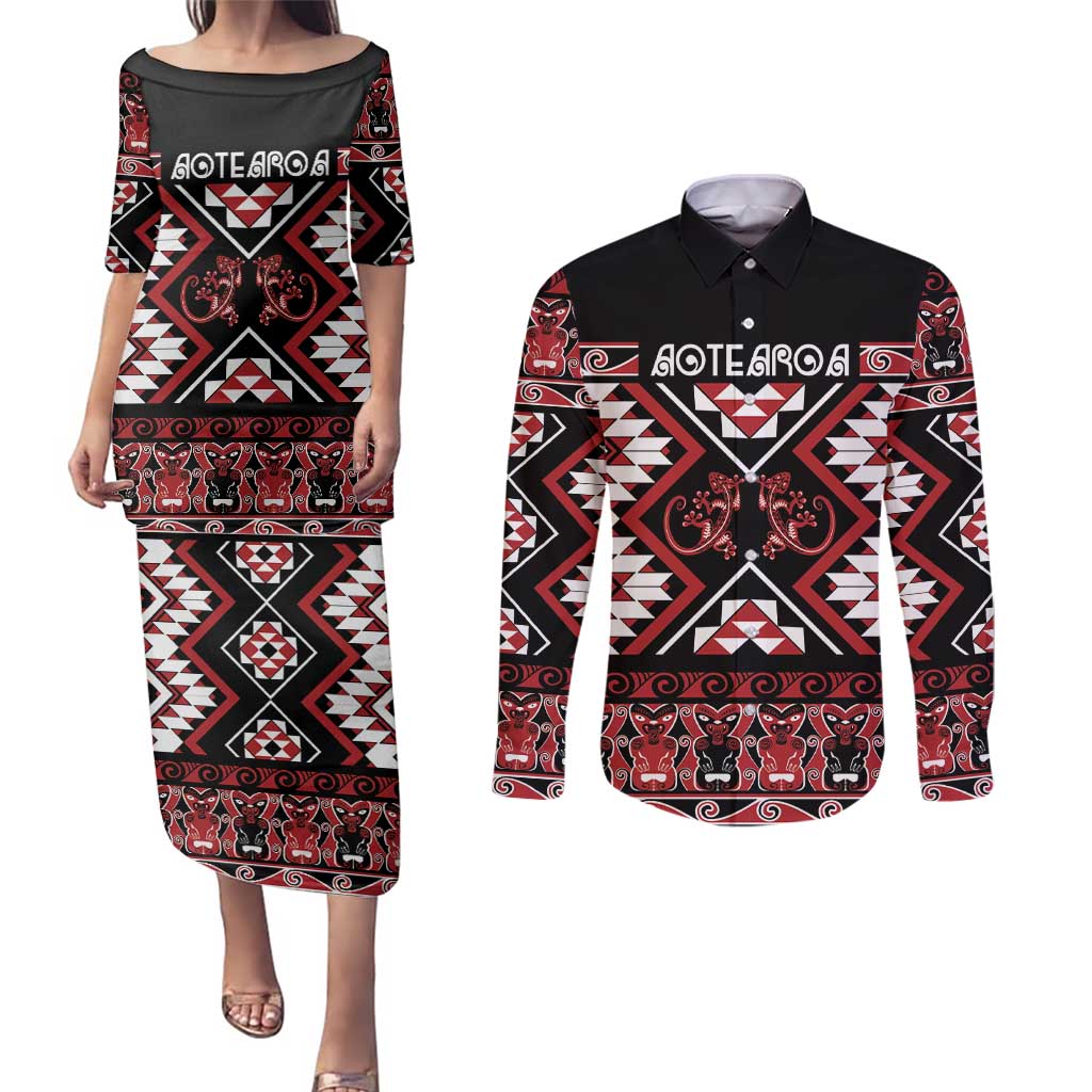 Personalised Aotearoa Waitangi Couples Matching Puletasi and Long Sleeve Button Shirt Taniko Motifs - Mania Gecko LT7 Red - Polynesian Pride