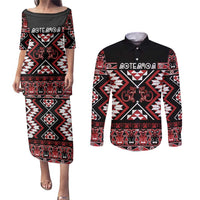 Personalised Aotearoa Waitangi Couples Matching Puletasi and Long Sleeve Button Shirt Taniko Motifs - Mania Gecko LT7 Red - Polynesian Pride