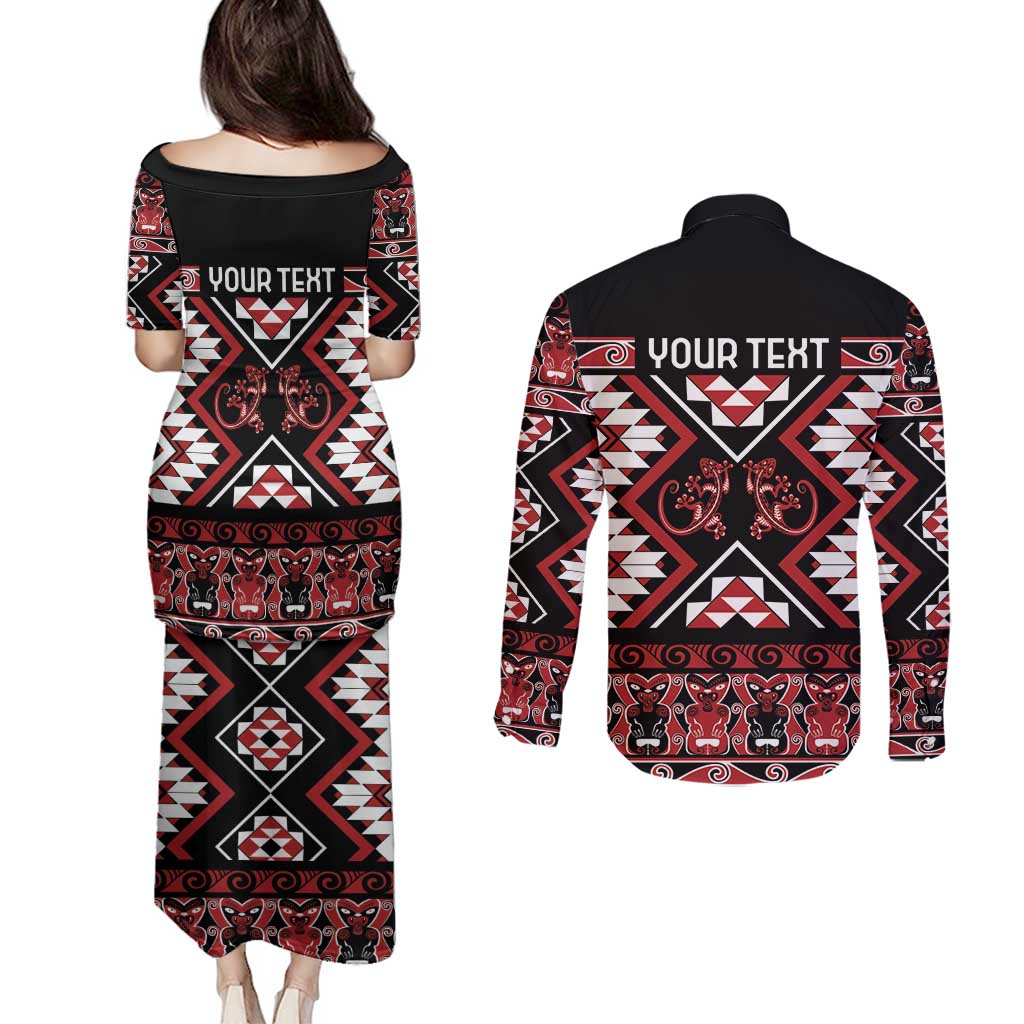 Personalised Aotearoa Waitangi Couples Matching Puletasi and Long Sleeve Button Shirt Taniko Motifs - Mania Gecko LT7 - Polynesian Pride