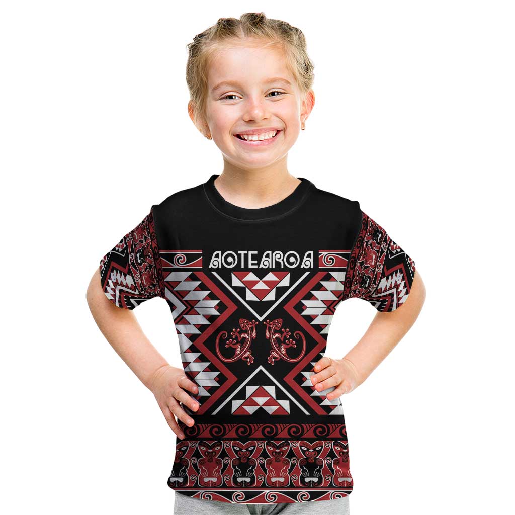 Personalised Aotearoa Waitangi Kid T Shirt Taniko Motifs - Mania Gecko LT7 Red - Polynesian Pride