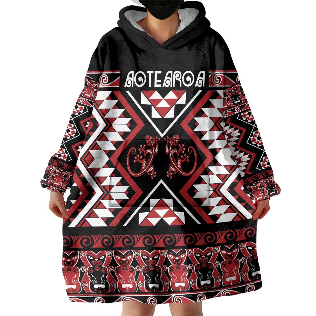 Personalised Aotearoa Waitangi Wearable Blanket Hoodie Taniko Motifs - Mania Gecko