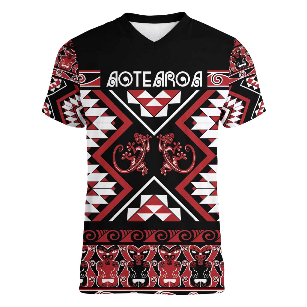Personalised Aotearoa Waitangi Women V-Neck T-Shirt Taniko Motifs - Mania Gecko LT7 Female Red - Polynesian Pride
