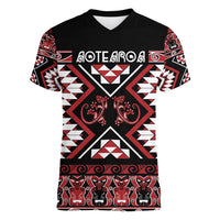 Personalised Aotearoa Waitangi Women V-Neck T-Shirt Taniko Motifs - Mania Gecko LT7 Female Red - Polynesian Pride
