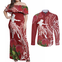 Personalised Hawaii Wahine Couples Matching Off Shoulder Maxi Dress and Long Sleeve Button Shirt Women's Day Ohia Lehua LT7 Red - Polynesian Pride