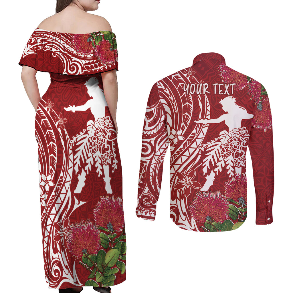 Personalised Hawaii Wahine Couples Matching Off Shoulder Maxi Dress and Long Sleeve Button Shirt Women's Day Ohia Lehua LT7 - Polynesian Pride