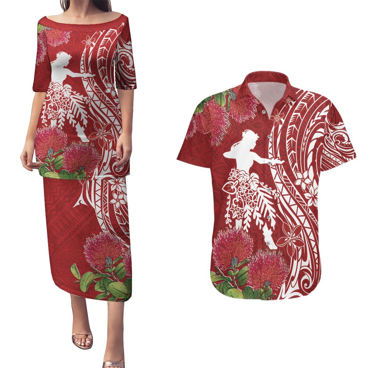 Personalised Hawaii Wahine Couples Matching Puletasi and Hawaiian Shirt Women's Day Ohia Lehua LT7 Red - Polynesian Pride