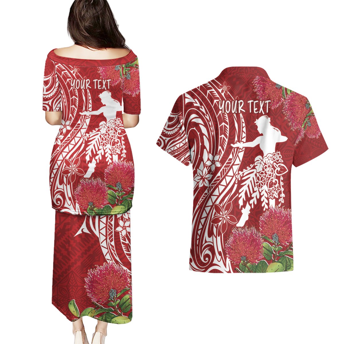 Personalised Hawaii Wahine Couples Matching Puletasi and Hawaiian Shirt Women's Day Ohia Lehua LT7 - Polynesian Pride