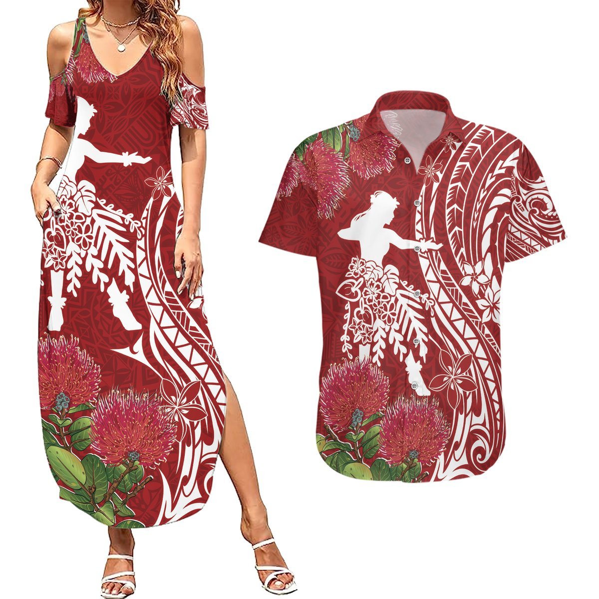 Personalised Hawaii Wahine Couples Matching Summer Maxi Dress and Hawaiian Shirt Women's Day Ohia Lehua LT7 Red - Polynesian Pride