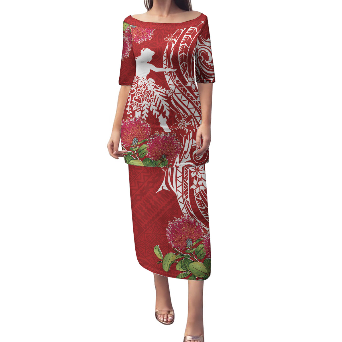 Personalised Hawaii Wahine Family Matching Puletasi and Hawaiian Shirt Women's Day Ohia Lehua LT7 Mom's Dress Red - Polynesian Pride