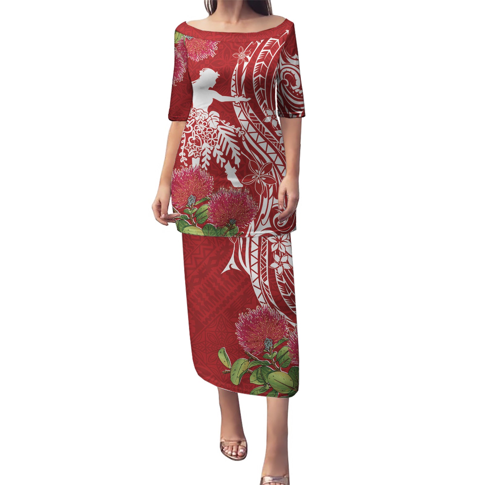 Personalised Hawaii Wahine Puletasi Women's Day Ohia Lehua LT7 Long Dress Red - Polynesian Pride