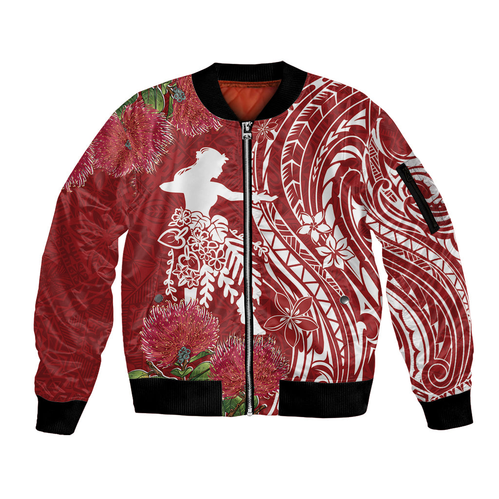 Personalised Hawaii Wahine Sleeve Zip Bomber Jacket Women's Day Ohia Lehua LT7 Unisex Red - Polynesian Pride