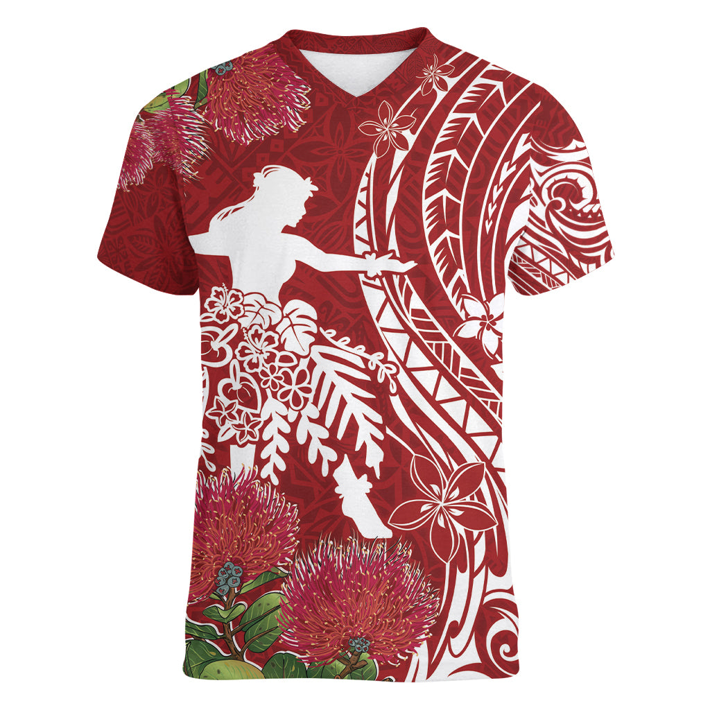 Personalised Hawaii Wahine Women V Neck T Shirt Women's Day Ohia Lehua LT7 Female Red - Polynesian Pride