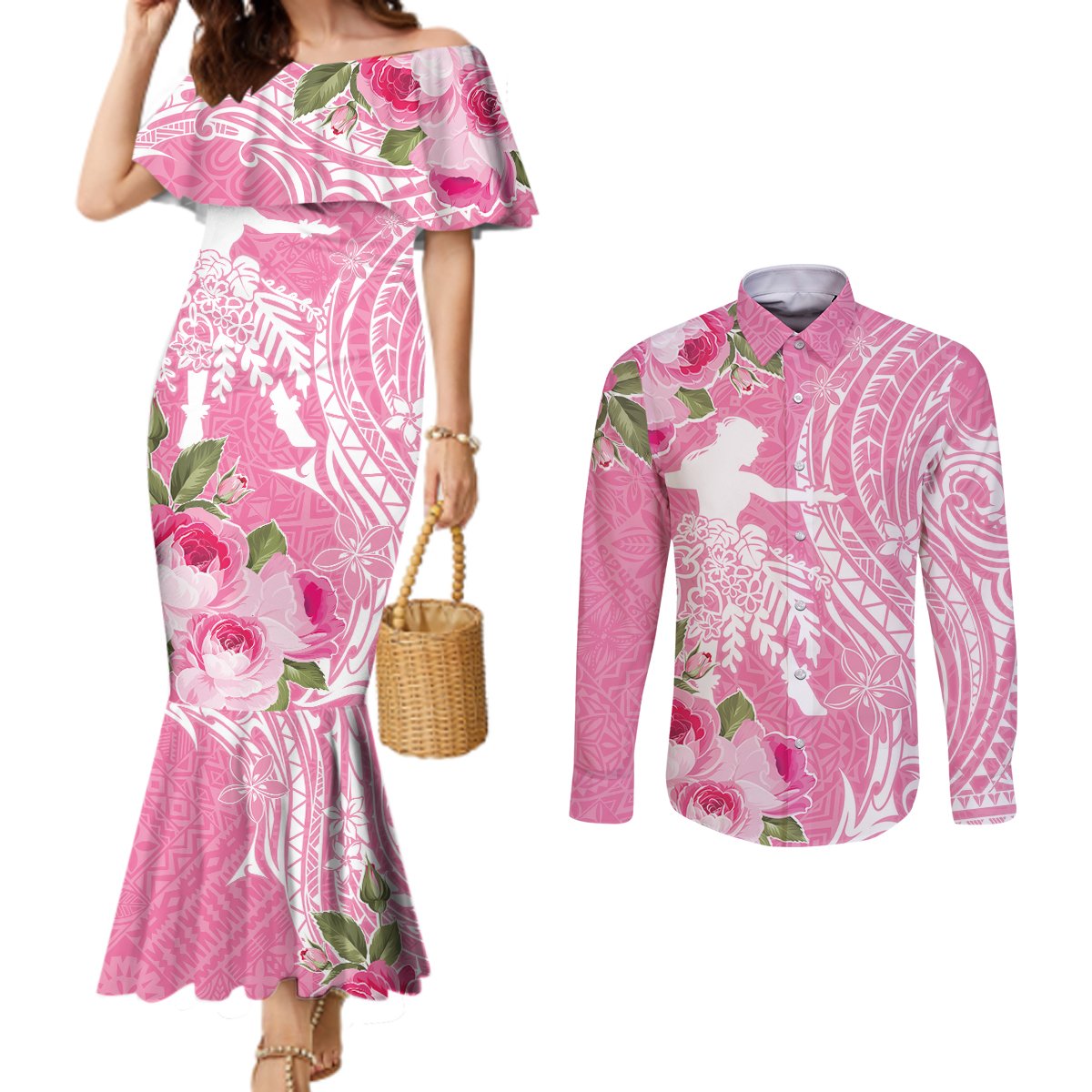Personalised Hawaii Wahine Couples Matching Mermaid Dress and Long Sleeve Button Shirt Women's Day Maui Lokelani Roses LT7 Pink - Polynesian Pride